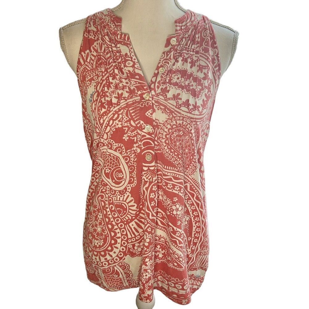 LILLY PULITZER  Pink Paisley V-Neck Button Silk Blend Tank Sz Small
